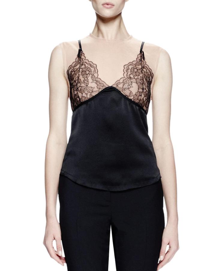 Sleeveless Lingerie Illusion Silk Top, Black