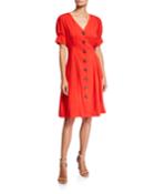 Pleated Button Accent Linen-blend Dress