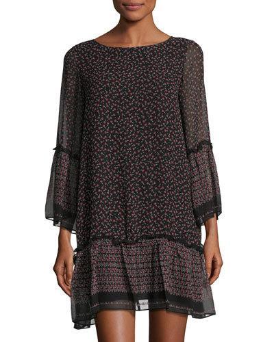 Printed Drop-waist Peasant Dress, Black/pink