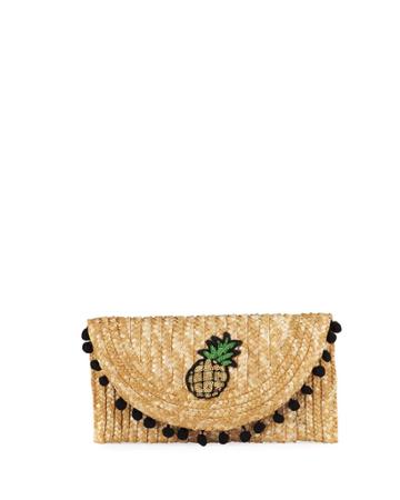 Pineapple Straw Pompom Clutch Bag