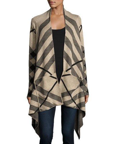 Plaid-print Open-front Cardigan, Neutral
