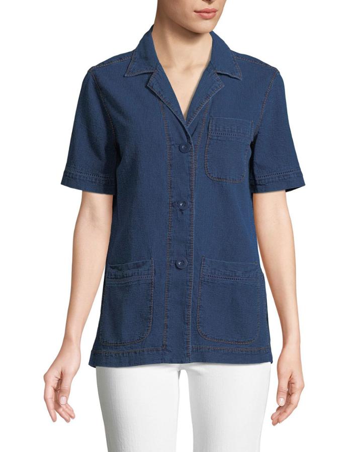 Basketweave Denim Short-sleeve Button-front Blouse