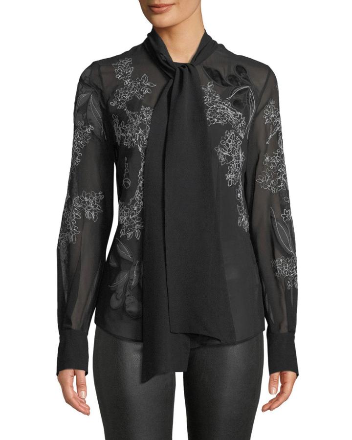Lisanna Tie-neck Floral-embroidered Silk Georgette Blouse