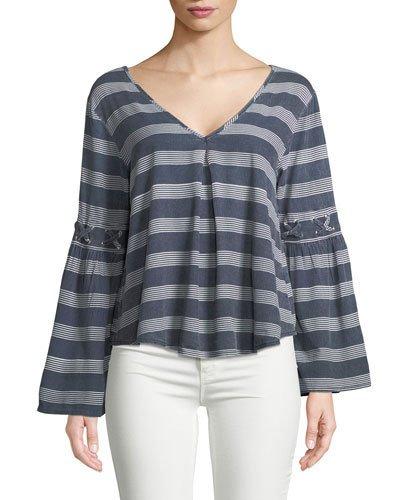 Natuical-striped Bell-sleeve Blouse