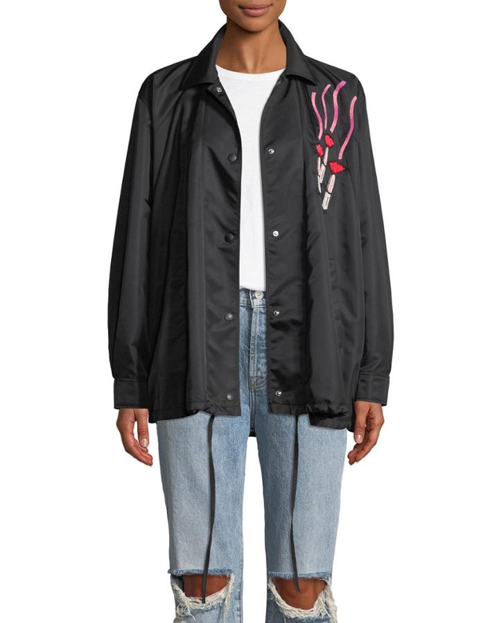 Oversized Snap-front Nylon Coat W/ Lipstick Embroidered Patch