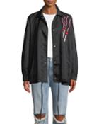 Oversized Snap-front Nylon Coat W/ Lipstick Embroidered Patch