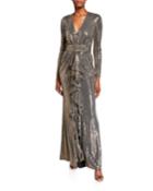 Sequin Long-sleeve Belted Gown With Cascading Ruffle