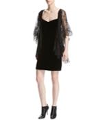 Lace Flutter-sleeve Velvet Cocktail Dress, Black