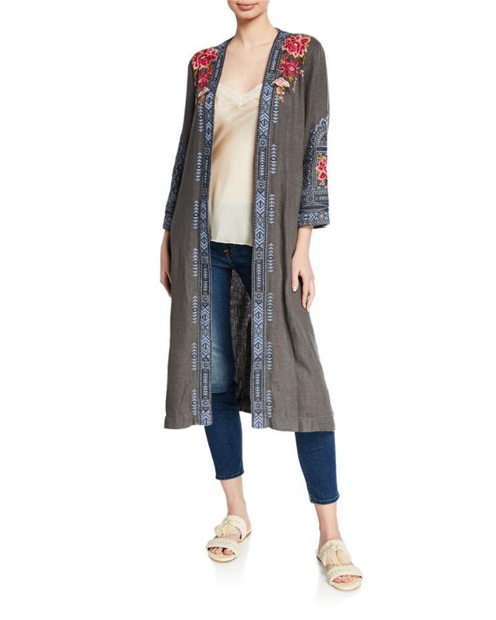 Davis Effortless Linen Kimono Jacket With Embroidery