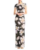 Floral-print Shimmered Column Gown