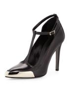 T-strap Leather Pump, Black