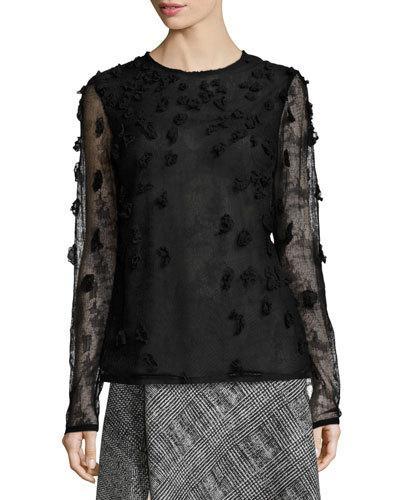 Embellished Crewneck Long-sleeve Blouse, Black