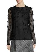 Embellished Crewneck Long-sleeve Blouse, Black