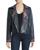 Embroidered Faux-leather Biker Jacket