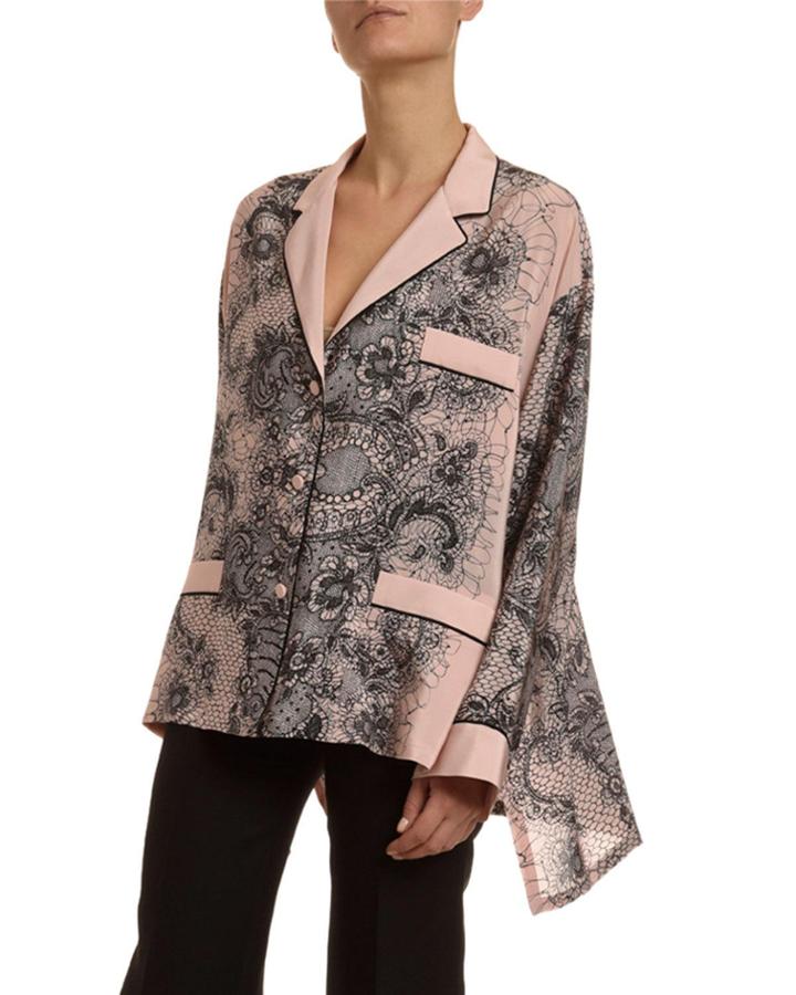 Lace-print Crepe Bell-sleeve Pajama Blouse