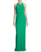 Sleeveless Embellished Halter Column Gown, Emerald