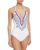 Leaf-it Plunging Halter Embroidered One-piece