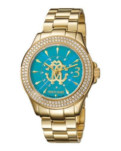 41.5mm Pav&eacute; Crystal Yellow Golden Stainless Steel Bracelet Watch, Teal