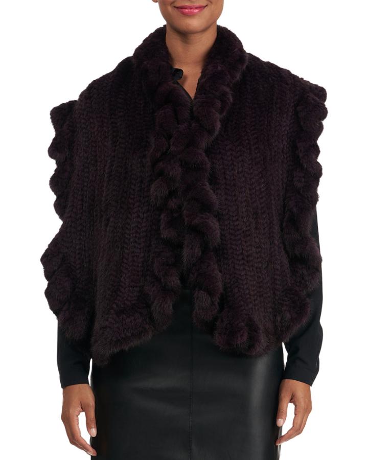 Mink Fur Knit Shawl W/ Ruffled Trim