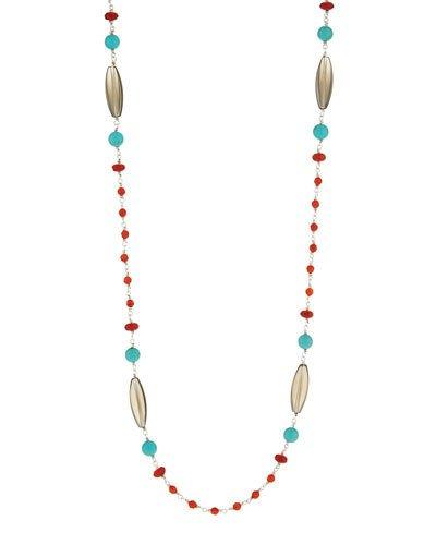 Long Smoky Quartz, Red Agate & Turquoise Beaded Necklace