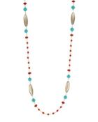 Long Smoky Quartz, Red Agate & Turquoise Beaded Necklace