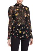 Kanu Ruched Floral Mesh Long-sleeve Top