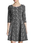 3/4-sleeve Floral-print Jacquard Dress, Black/white