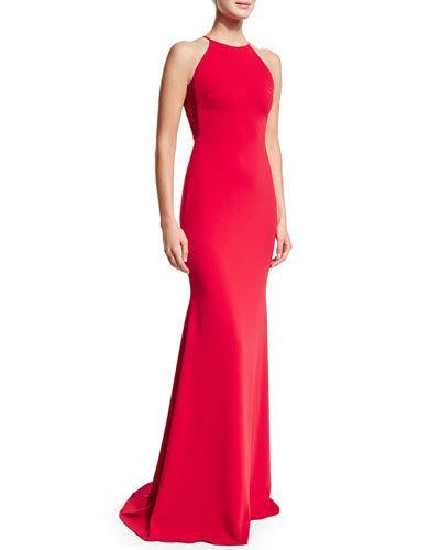 Sleeveless Jewel-neck Gown, Cherry Red