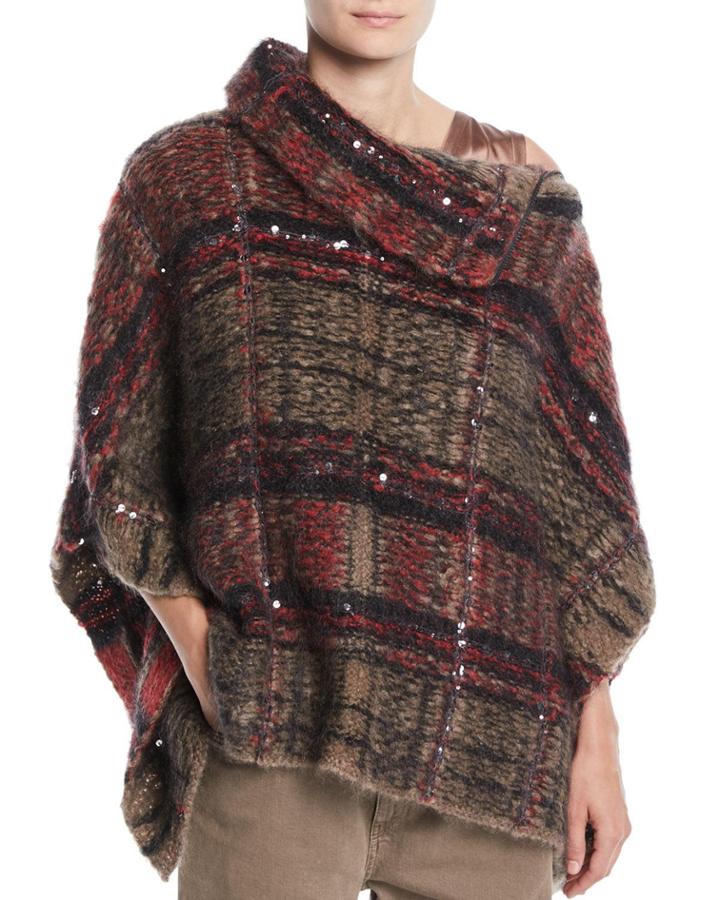 Zip-neck Paillettes Tartan Mohair Poncho