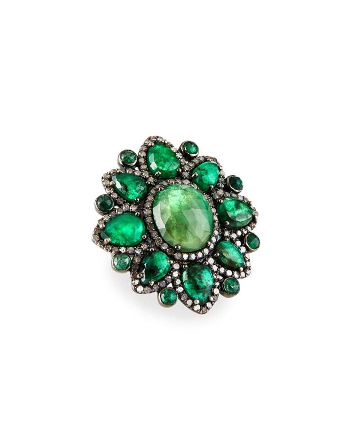 Multi-emerald Diamond Pave Ring,