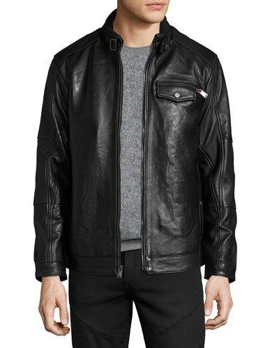Leather Chest-pocket Moto Jacket, Black