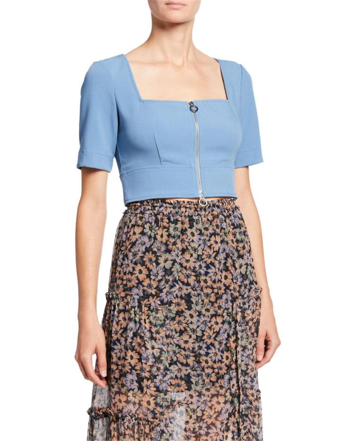 Zipper Front Short-sleeve Crop Top