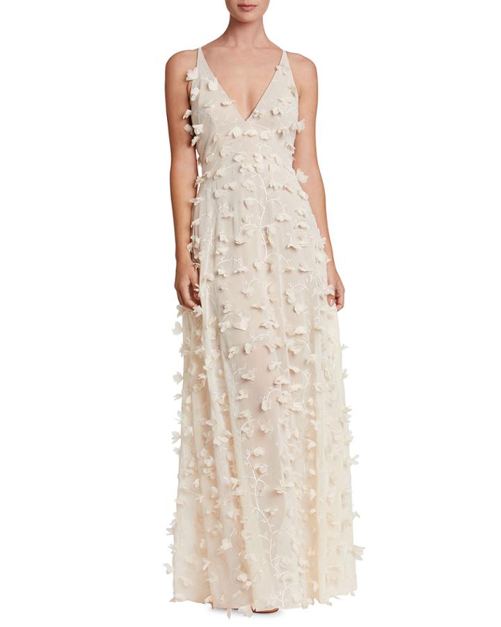 Fleur Plunge-neck Gown With Floral Appliques