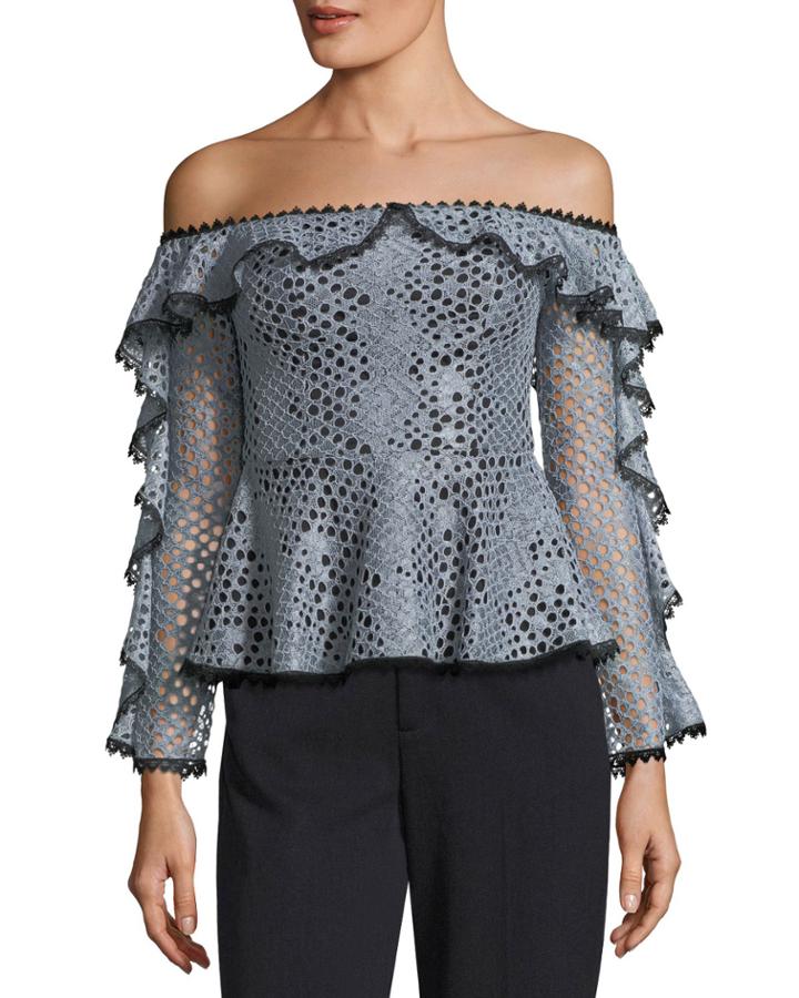 Sylvana Off-the-shoulder Lace Top W/ Ruffled Trim