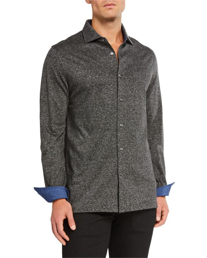Men's Heathered Sport Shirt W/ Contrast Reverse Detail