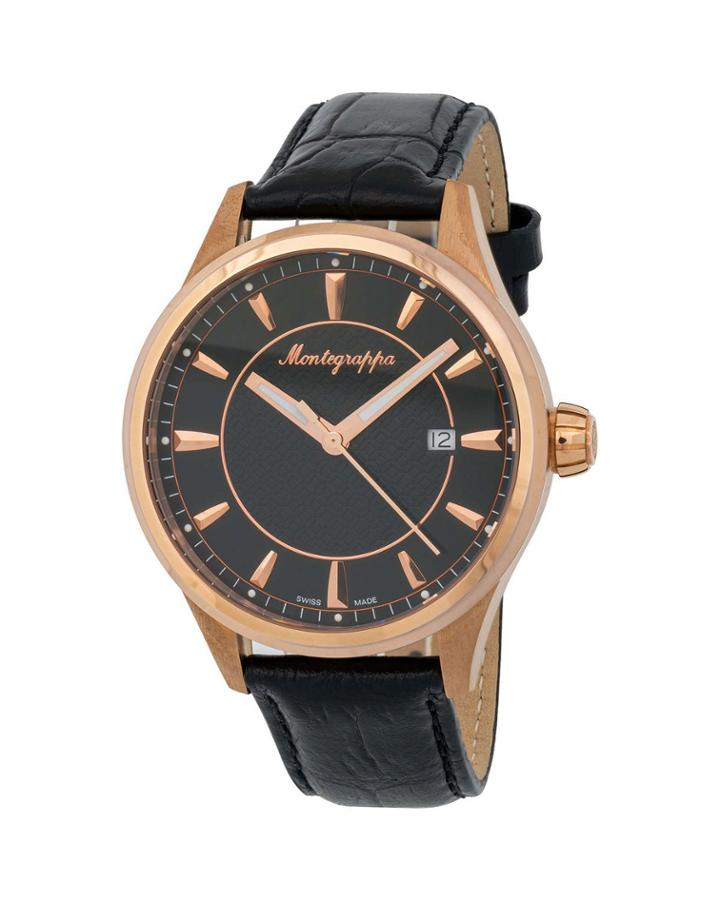 Men's 42mm Fortuna Date Watch W/ Leather Strap, Black/rose