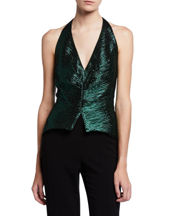 Metallic Plisse Deep-v Halter Top