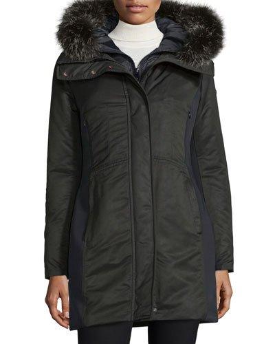 Hooded Ponte-trim Parka, Nero