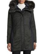 Hooded Ponte-trim Parka, Nero