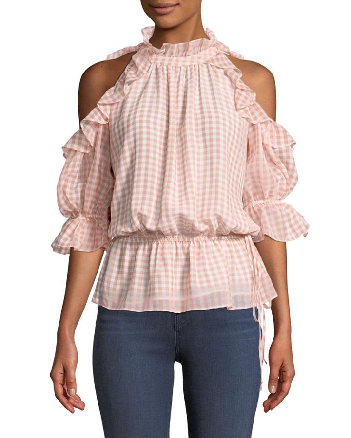 Cold-shoulder Ruffled Gingham Blouse