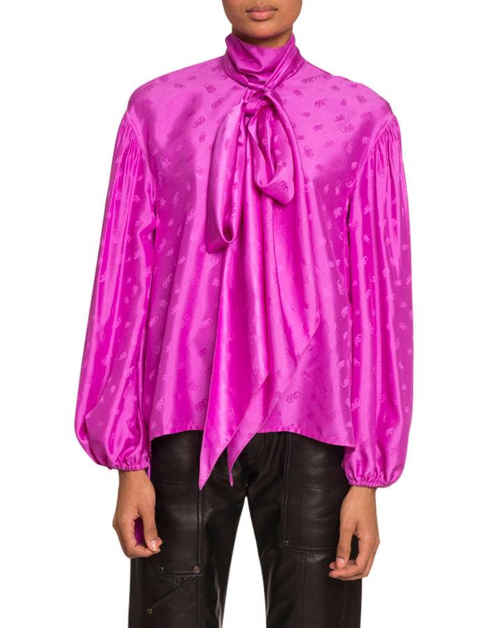 Ti-neck Long-sleeve Logo Jacquard Top