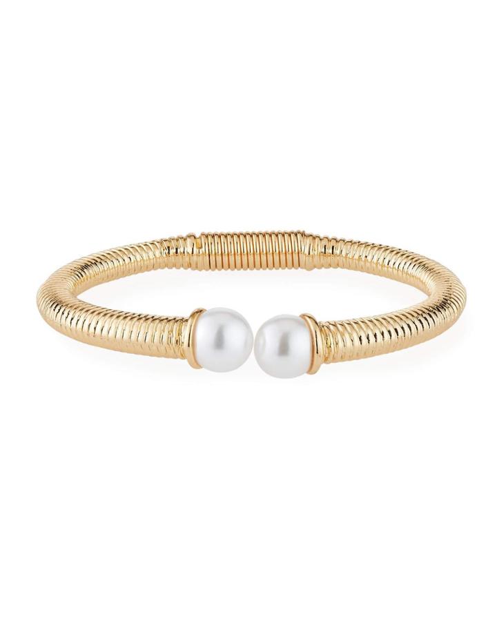 Wrapped Pearly Bangle Bracelet, Gold/white