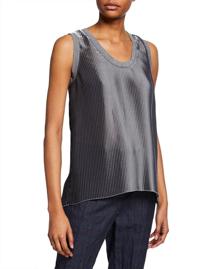 Lame Pleated Scoop-neck Tank W/ Knit Trim