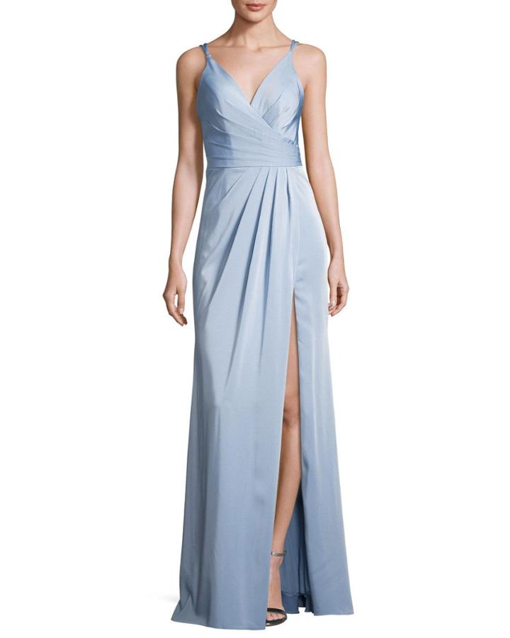 Sleeveless Ruched Stretch Faille Gown, Blue