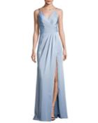 Sleeveless Ruched Stretch Faille Gown, Blue