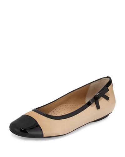 Shain Leather Cap-toe Bow Flat, Pudding/black