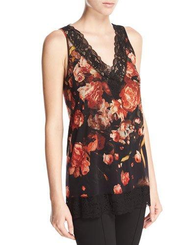 Lace-trimmed Floral V-neck Shell, Red/black