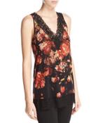 Lace-trimmed Floral V-neck Shell, Red/black