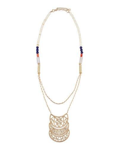 Long Golden Beaded Crescent Pendant Necklace,