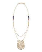 Long Golden Beaded Crescent Pendant Necklace,